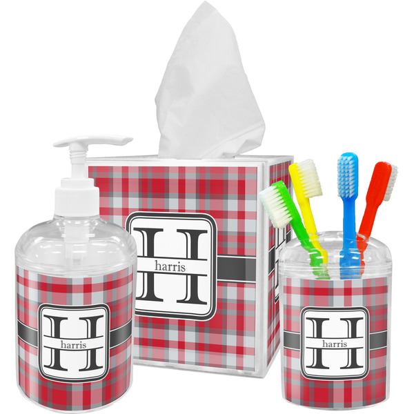 Red & Gray Plaid Bathroom Accessories Set (Personalized)