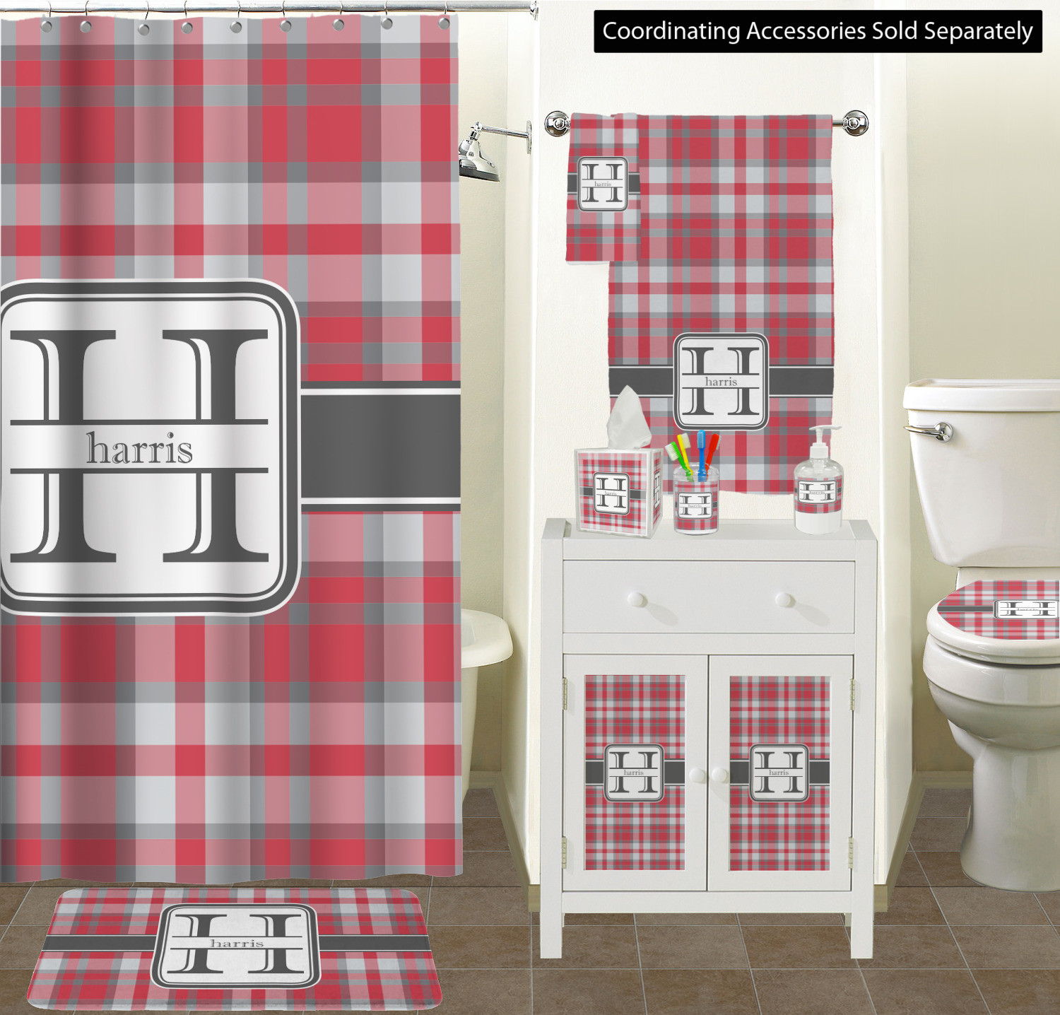 Red & Gray Plaid Shower Curtain (Personalized) YouCustomizeIt