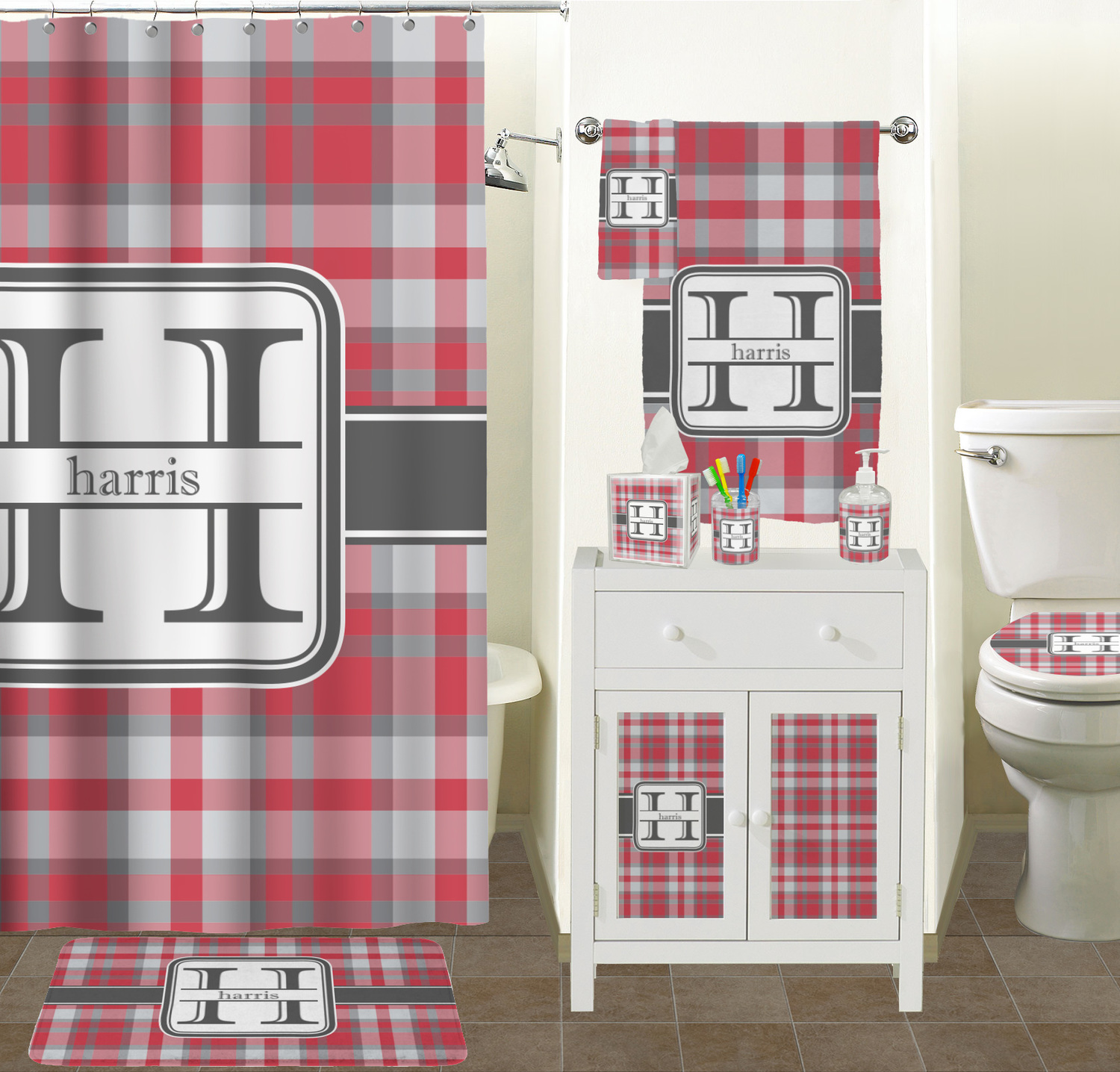 Red & Gray Plaid Shower Curtain (Personalized) YouCustomizeIt