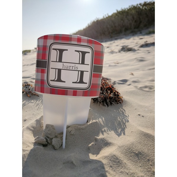 Red & Gray Plaid Beach Spiker white on beach with sand