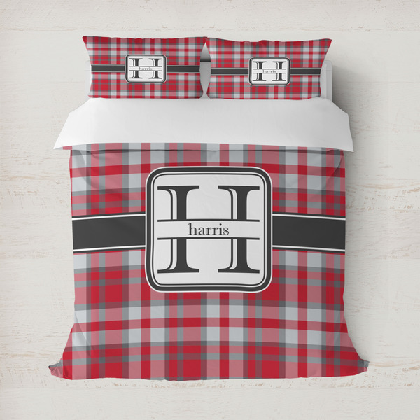 Custom Red & Gray Plaid Duvet Cover Set - Full / Queen (Personalized)