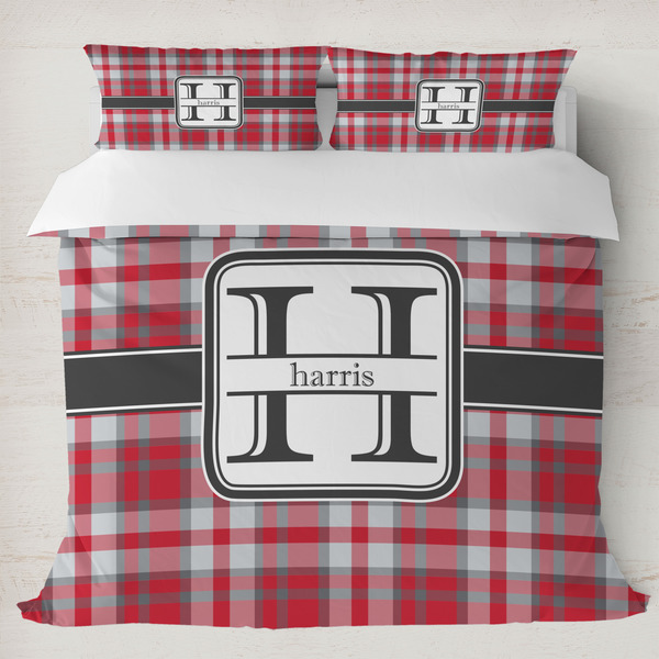 Custom Red & Gray Plaid Duvet Cover Set - King (Personalized)