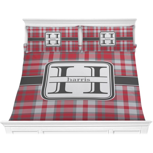 Custom Red & Gray Plaid Comforter Set - King (Personalized)