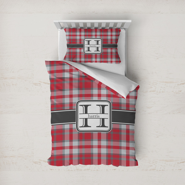 Custom Red & Gray Plaid Duvet Cover Set - Twin (Personalized)