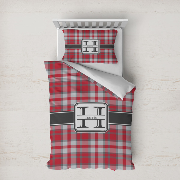 Custom Red & Gray Plaid Duvet Cover Set - Twin XL (Personalized)