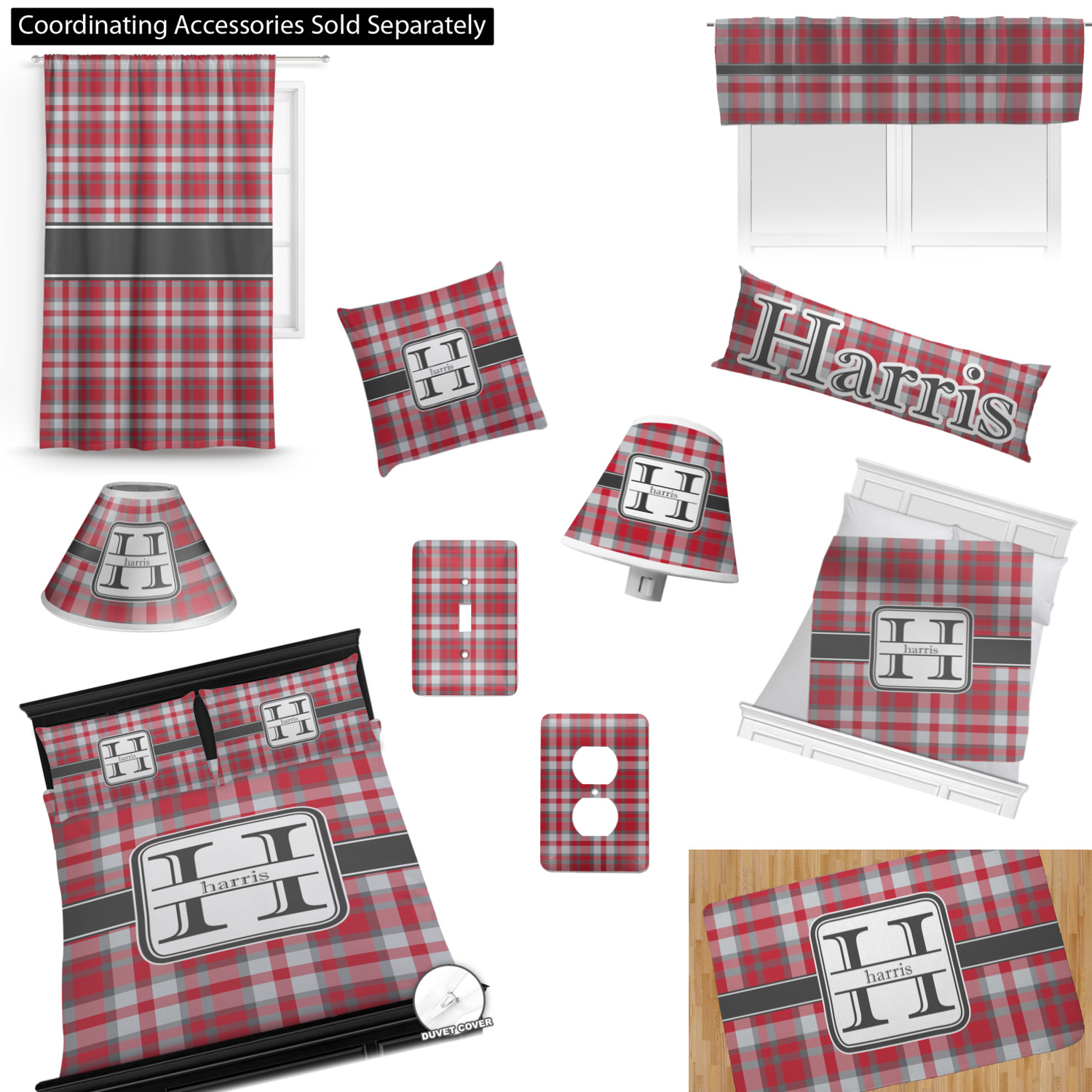 Custom Red & Gray Plaid Comforter Set Twin XL (Personalized