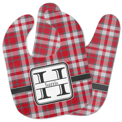 Red & Gray Plaid Baby Bib w/ Name and Initial