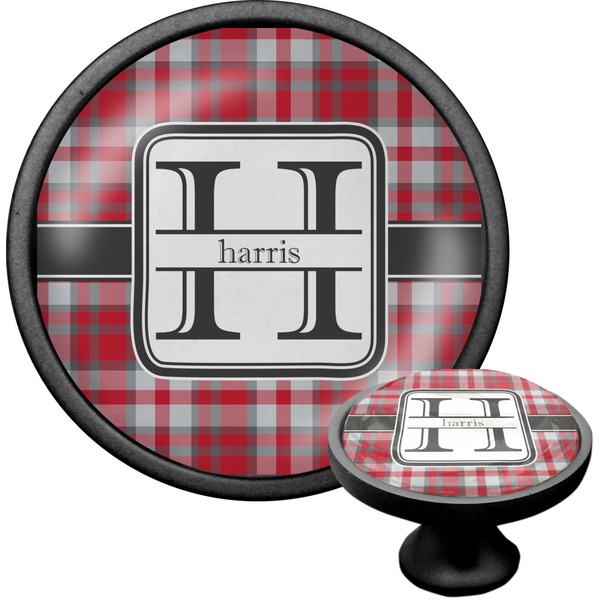 Custom Red & Gray Plaid Cabinet Knob (Black) (Personalized)