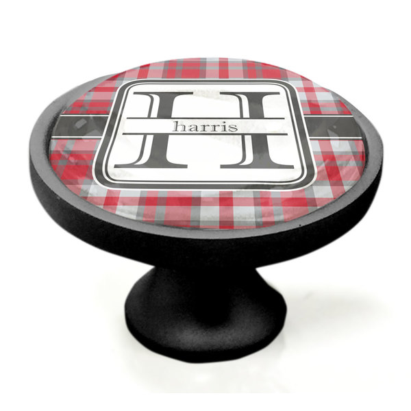 Red & Gray Plaid Black Custom Cabinet Knob (Side)