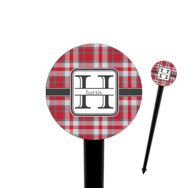 Custom Red & Gray Plaid 4" Round Plastic Food Picks - Black - Double Sided (Personalized)