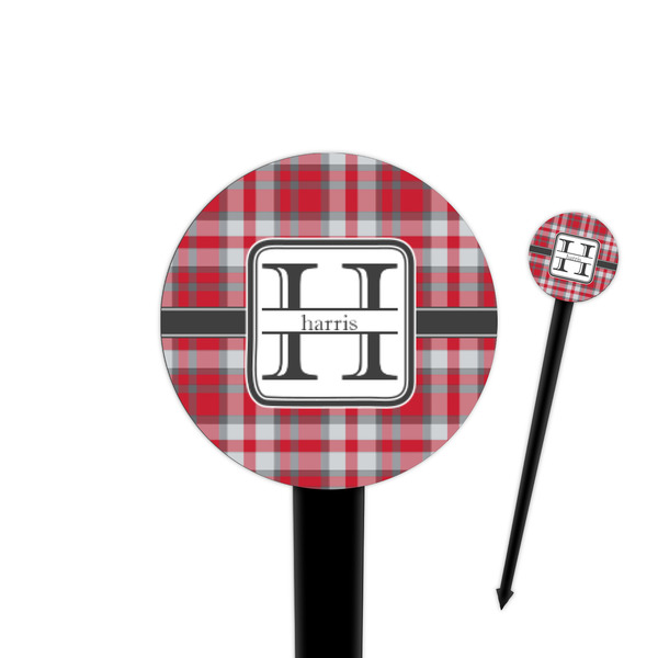 Custom Red & Gray Plaid 4" Round Plastic Food Picks - Black - Single Sided (Personalized)