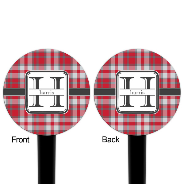 Red & Gray Plaid Black Plastic 4" Food Pick - Round - Double Sided - Front & Back
