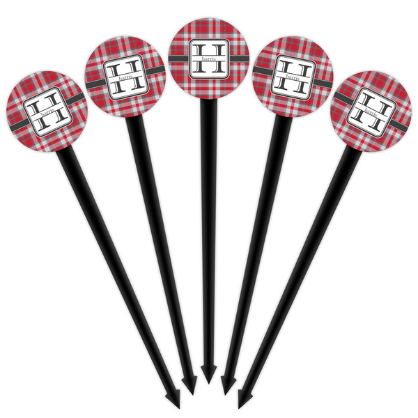 Red & Gray Plaid Black Plastic 4" Food Pick - Round - Fan View