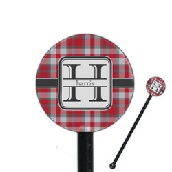 Red & Gray Plaid 5.5" Round Plastic Stir Sticks - Black - Single Sided (Personalized)