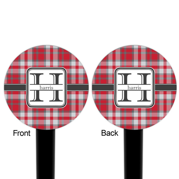 Red & Gray Plaid Black Plastic 6" Food Pick - Round - Double Sided - Front & Back