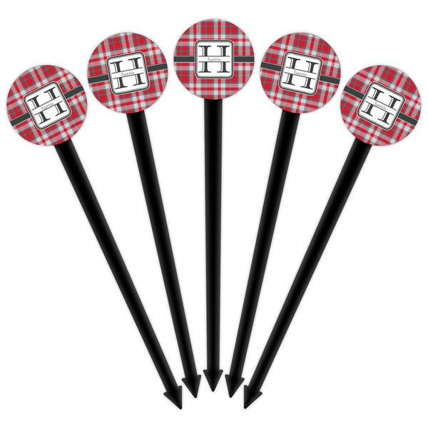 Red & Gray Plaid Black Plastic 6" Food Pick - Round - Fan View