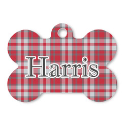 Red & Gray Plaid Bone Shaped Dog ID Tag - Large (Personalized)