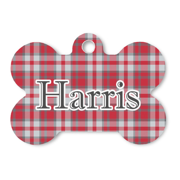 Custom Red & Gray Plaid Bone Shaped Dog ID Tag (Personalized)