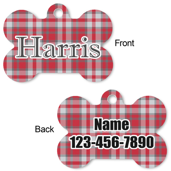 Red & Gray Plaid Bone Shaped Dog Tag - Front & Back