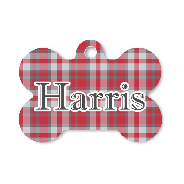 Custom Red & Gray Plaid Bone Shaped Dog ID Tag - Small (Personalized)