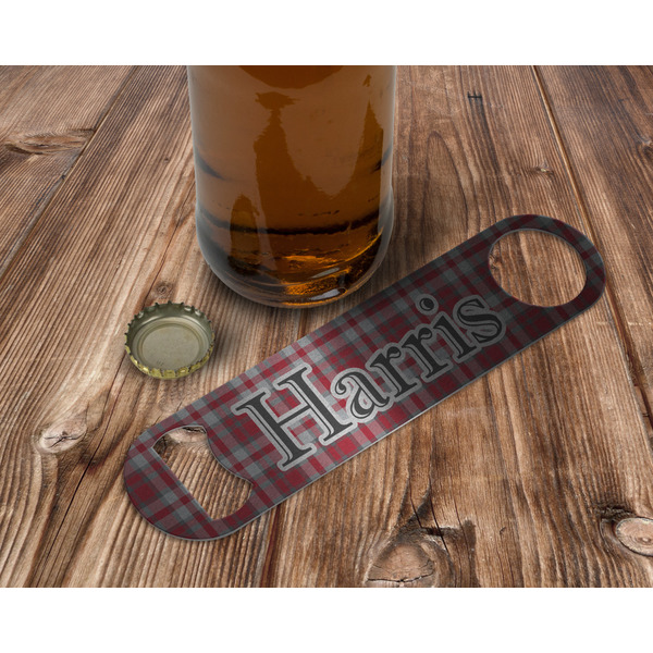 Red & Gray Plaid Bottle Opener - In Use