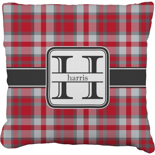 Custom Red & Gray Plaid Faux-Linen Throw Pillow 16" (Personalized)
