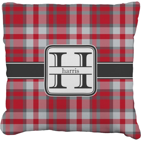 Custom Red & Gray Plaid Faux-Linen Throw Pillow 20" (Personalized)