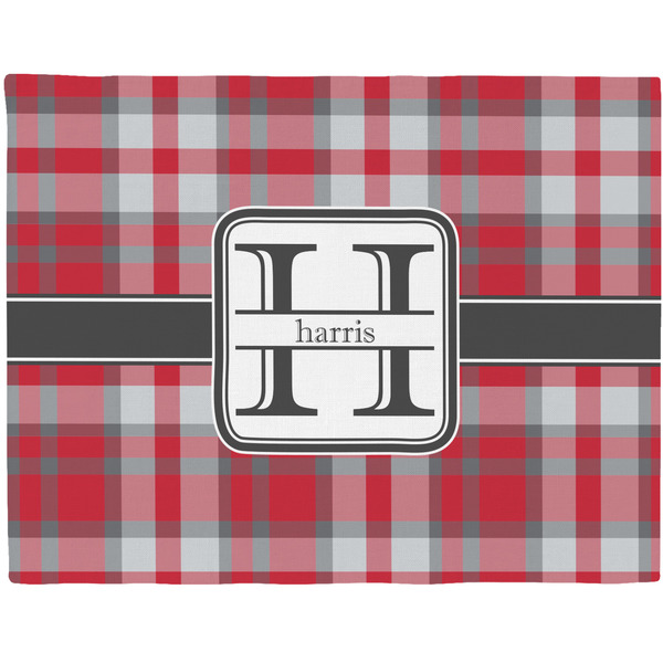 Custom Red & Gray Plaid Woven Fabric Placemat - Twill w/ Name and Initial