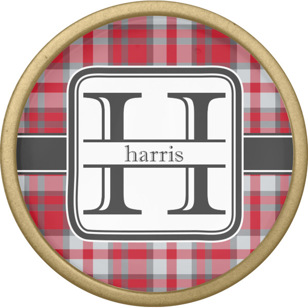 Red & Gray Plaid Cabinet Knob - Gold - Front