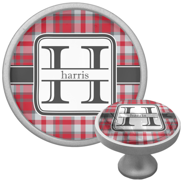 Custom Red & Gray Plaid Cabinet Knob (Silver) (Personalized)