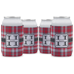 Red & Gray Plaid Can Cooler (12 oz) - Set of 4 w/ Name and Initial