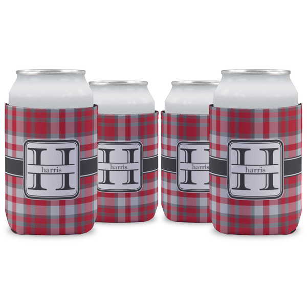 Custom Red & Gray Plaid Can Cooler (12 oz) - Set of 4 w/ Name and Initial