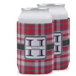 Red & Gray Plaid Can Cooler (12 oz) w/ Name and Initial