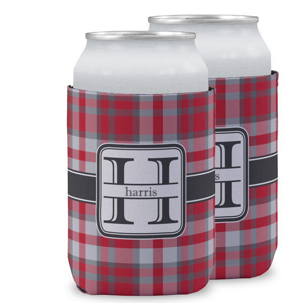 Custom Red & Gray Plaid Can Cooler (12 oz) w/ Name and Initial