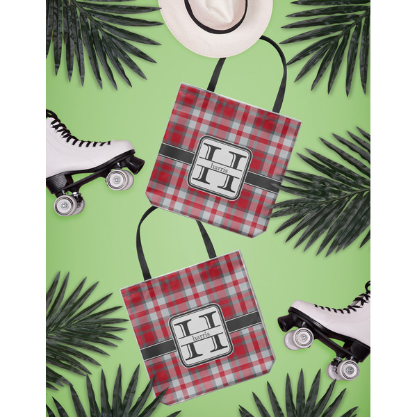 Red & Gray Plaid Canvas Tote Lifestyle Front and Back- 13x13
