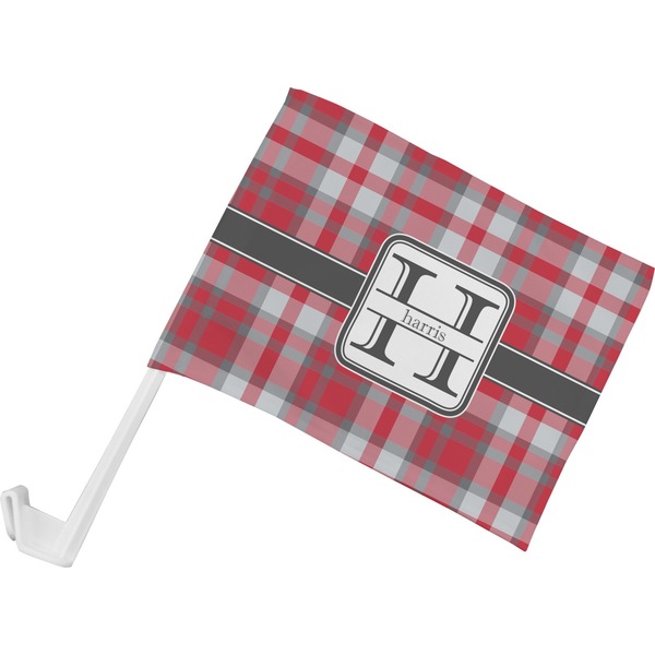 Custom Red & Gray Plaid Car Flag - Small w/ Name and Initial