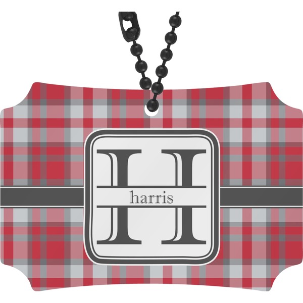 Custom Red & Gray Plaid Rear View Mirror Ornament (Personalized)