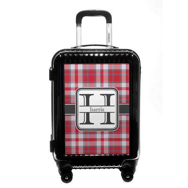 Custom Red & Gray Plaid Carry On Hard Shell Suitcase (Personalized)