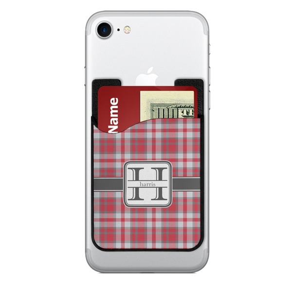 Custom Red & Gray Plaid 2-in-1 Cell Phone Credit Card Holder & Screen Cleaner (Personalized)