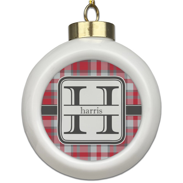 Custom Red & Gray Plaid Ceramic Ball Ornament (Personalized)