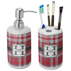 Red & Gray Plaid Ceramic Bathroom Accessories Set (Personalized)