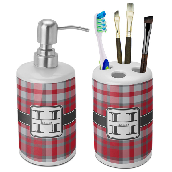 Custom Red & Gray Plaid Ceramic Bathroom Accessories Set (Personalized)