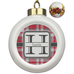 Red & Gray Plaid Ceramic Ball Ornaments - Poinsettia Garland (Personalized)