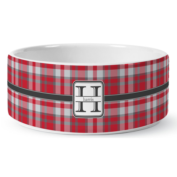 Red & Gray Plaid Ceramic Dog Bowl - Medium - Front