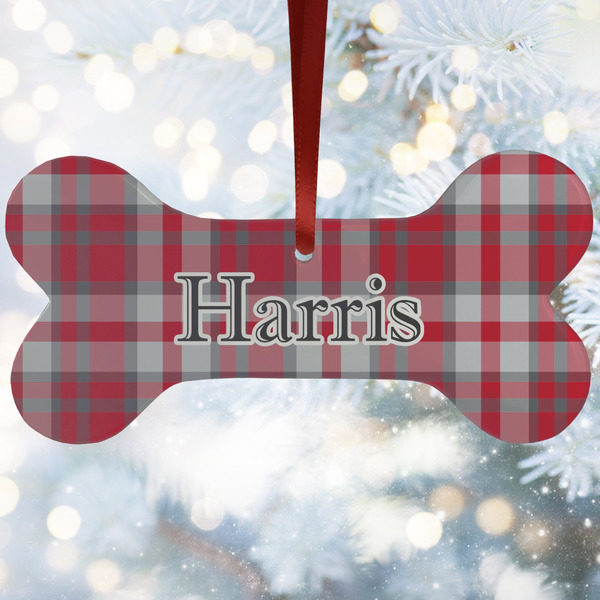 Custom Red & Gray Plaid Ceramic Dog Ornament w/ Name and Initial