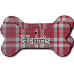 Red & Gray Plaid Ceramic Dog Ornament - Front & Back w/ Name and Initial