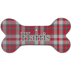 Red & Gray Plaid Ceramic Dog Ornament - Front w/ Name and Initial