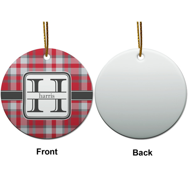 Red & Gray Plaid Ceramic Flat Ornament - Circle Front & Back (APPROVAL)