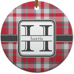 Red & Gray Plaid Round Ceramic Ornament w/ Name and Initial