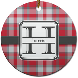 Red & Gray Plaid Round Ceramic Ornament w/ Name and Initial